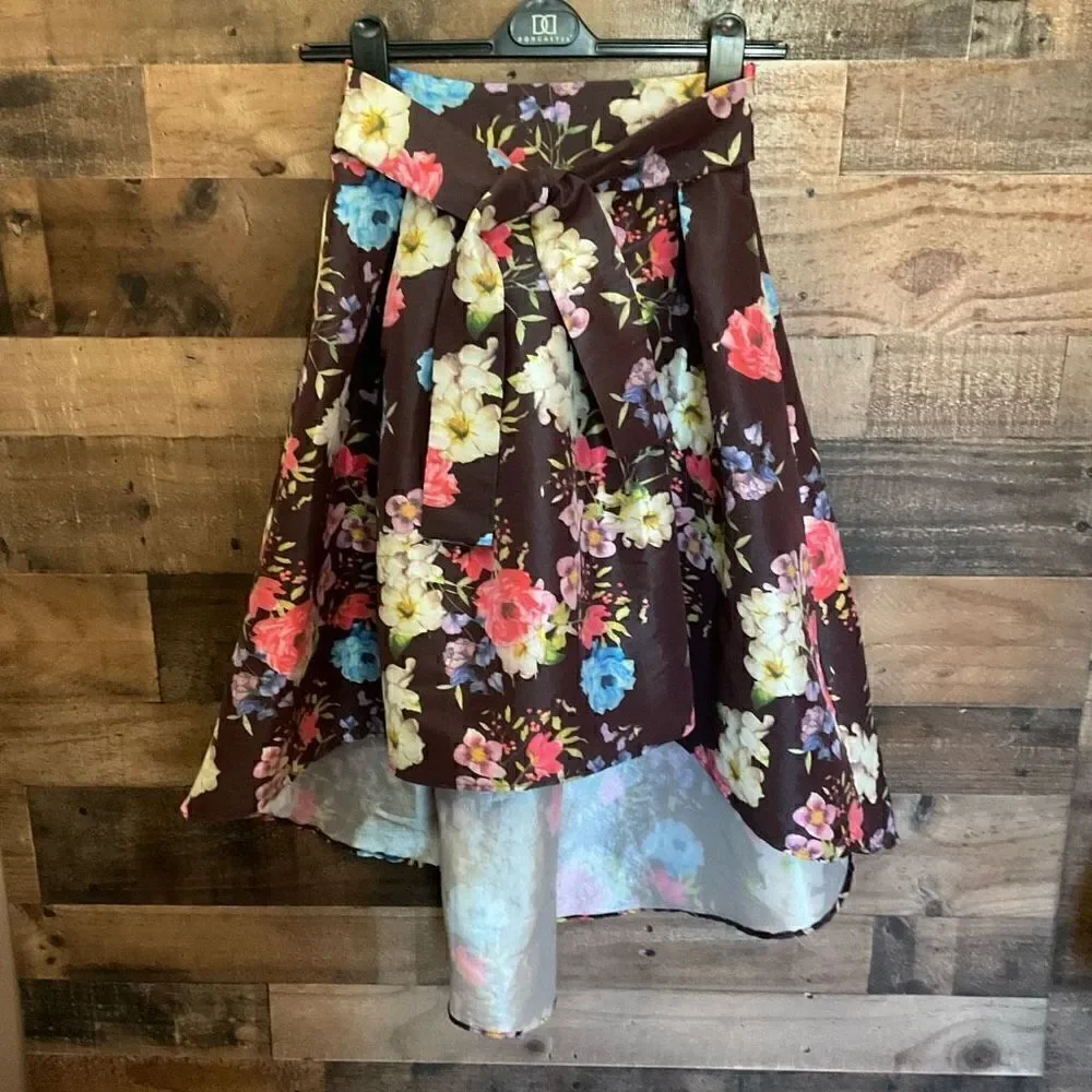 Jasmine High Low Skirt Waist Sash Brown Red Orange Pink Floral Junior Medium
